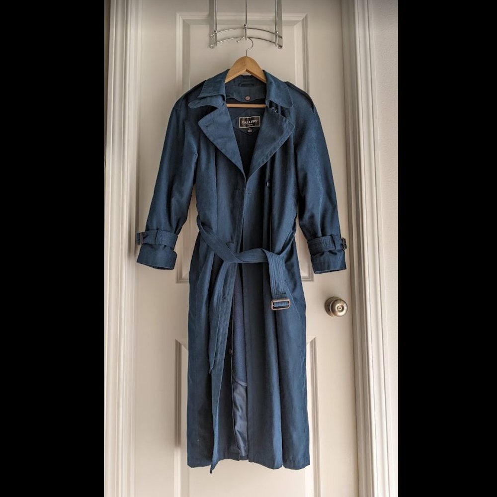 Gallery Blue Trench Coat Belt Double Breasted Lined Long 6 6P Petite Women